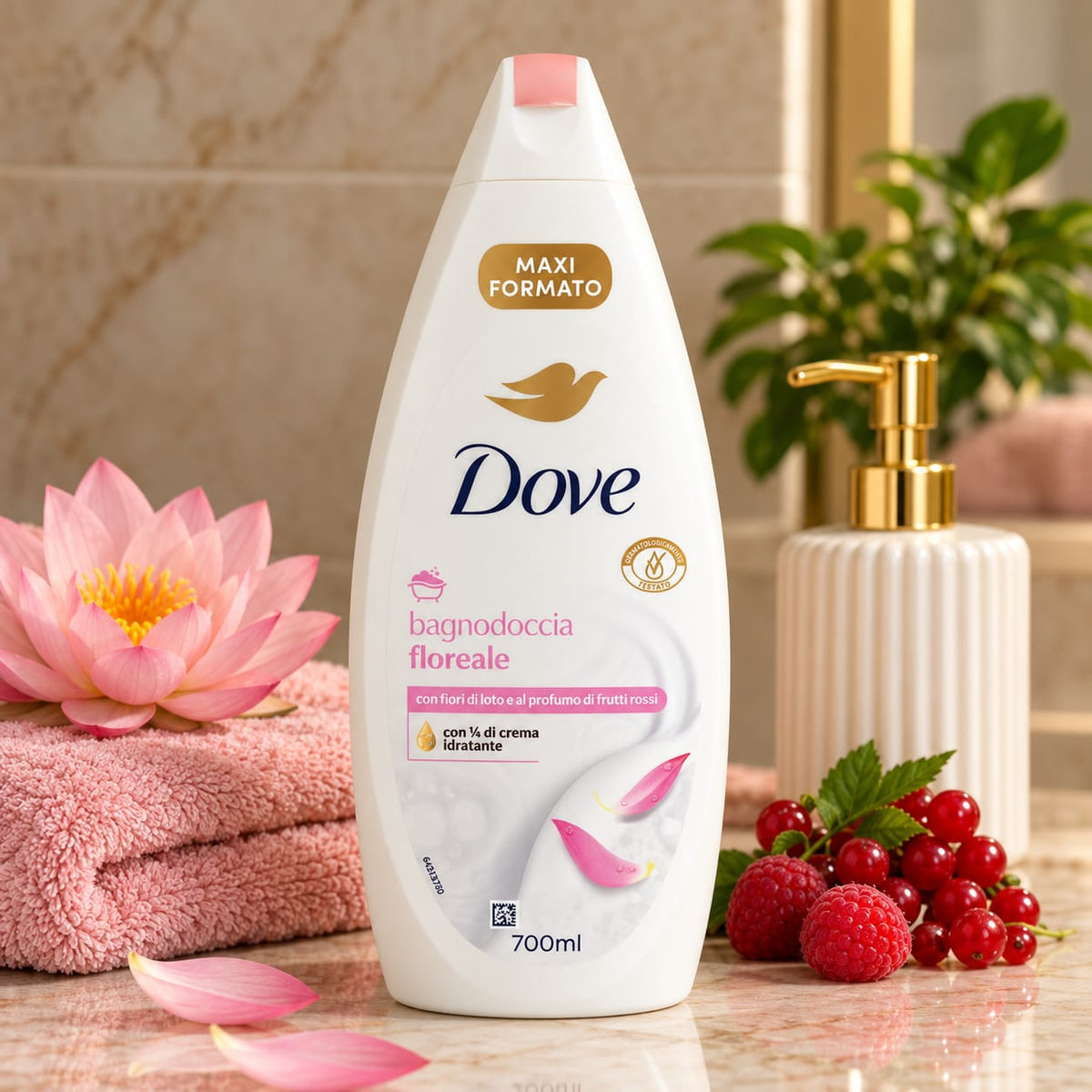 Spuma de dus Dove Floreale cu flori de lotus si parfum de fructe rosii, 700 ml
