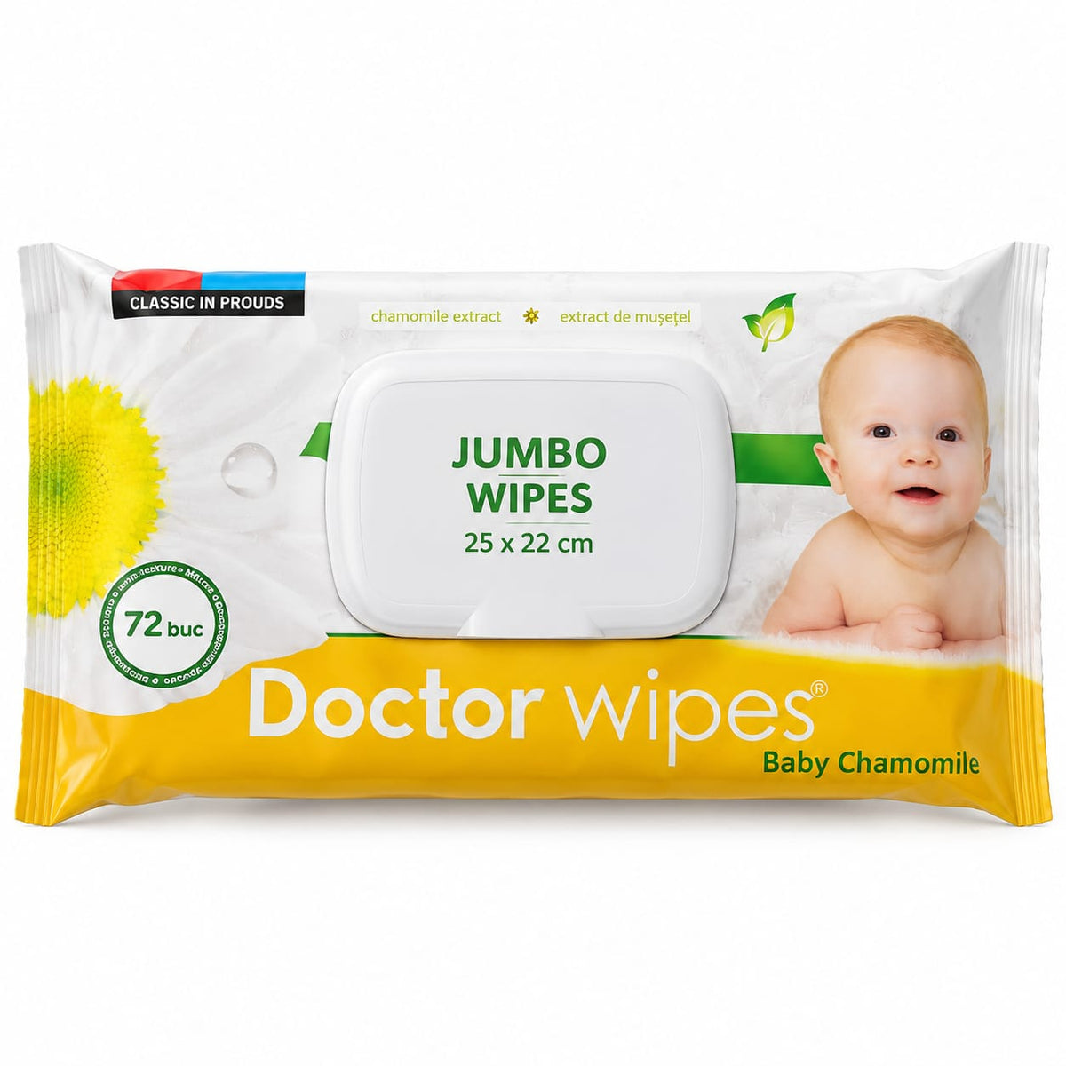 Servetele umede Doctor Wipes Baby Chamomile cu extract de musetel, 72 bucati