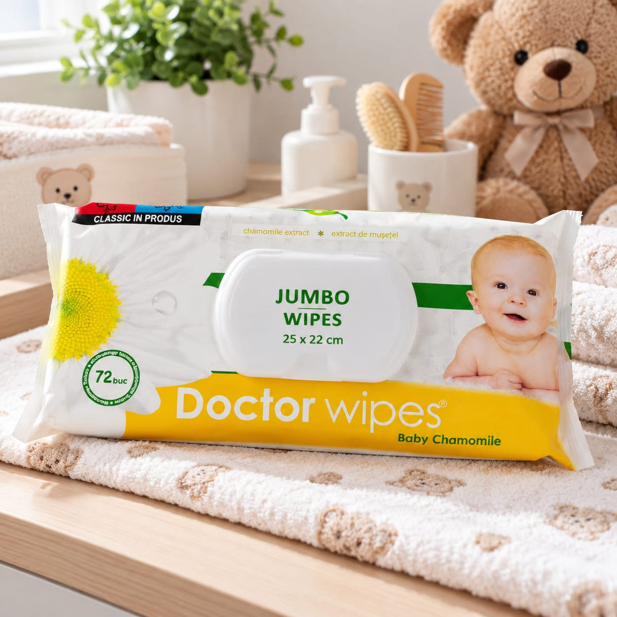 Servetele umede Doctor Wipes Baby Chamomile cu extract de musetel, 72 bucati
