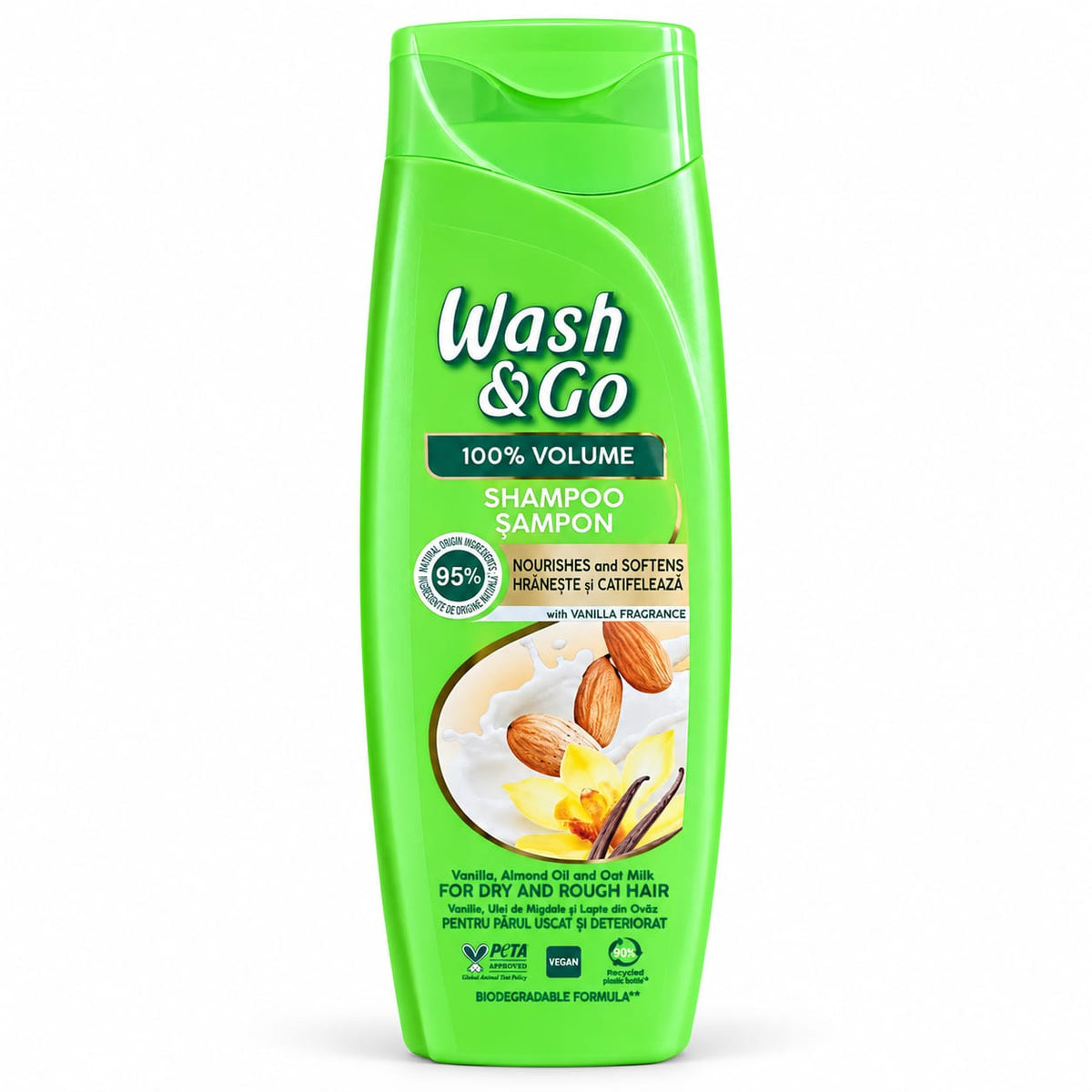Sampon Wash & Go 100% Volume cu Vanilie, Ulei de Migdale si Lapte de Ovaz, Par Uscat si Deteriorat, 360 ml