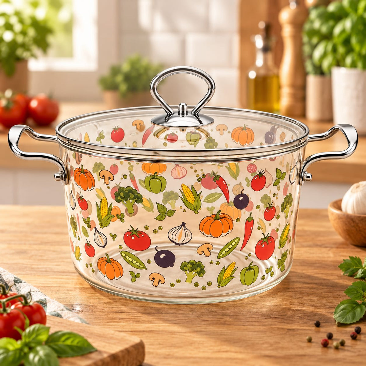 Oala sticla borosilicata Schmitter 4.5 L cu capac si accesorii inox, 20 x 16.5 cm