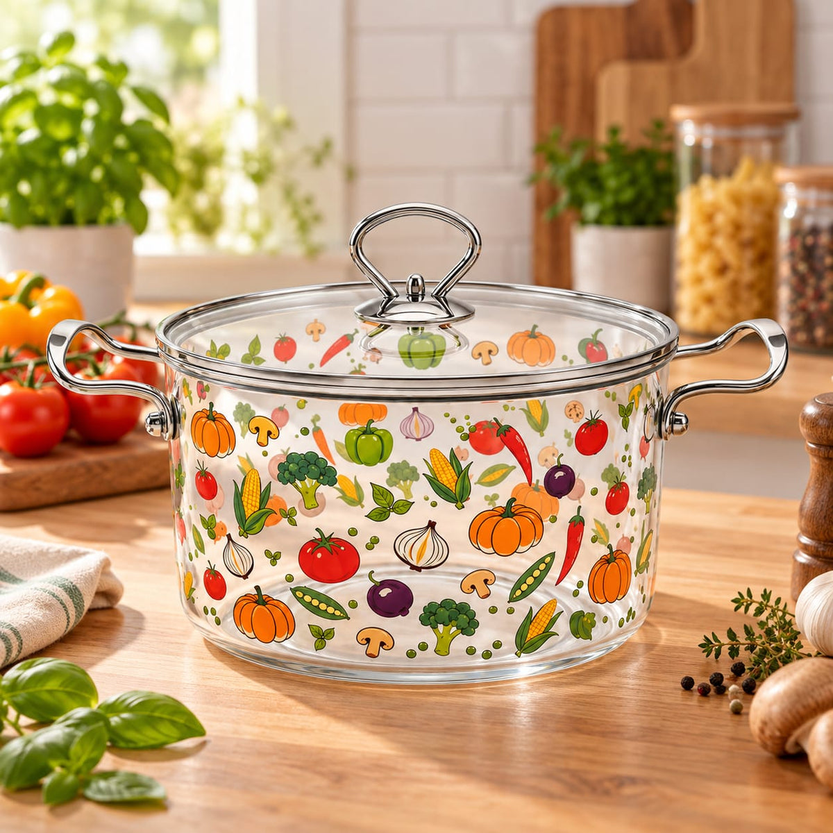 Oala sticla borosilicata Schmitter 3.5 L cu capac si accesorii inox, 20 x 13.5 cm