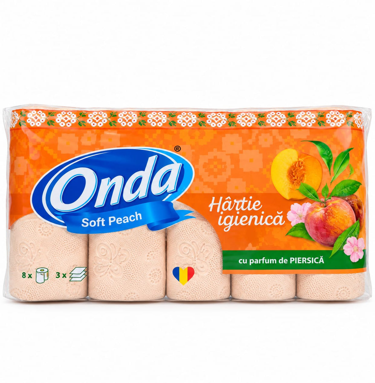 Hartie igienica Onda Soft Peach, 8 role, 3 straturi, 130 foi, parfum de piersica