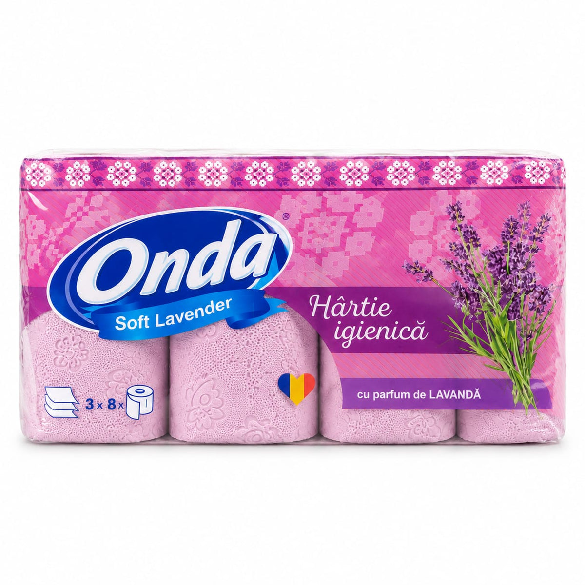 Hartie igienica Onda Soft Lavender, 8 role, 3 straturi, 130 foi, parfum de lavanda