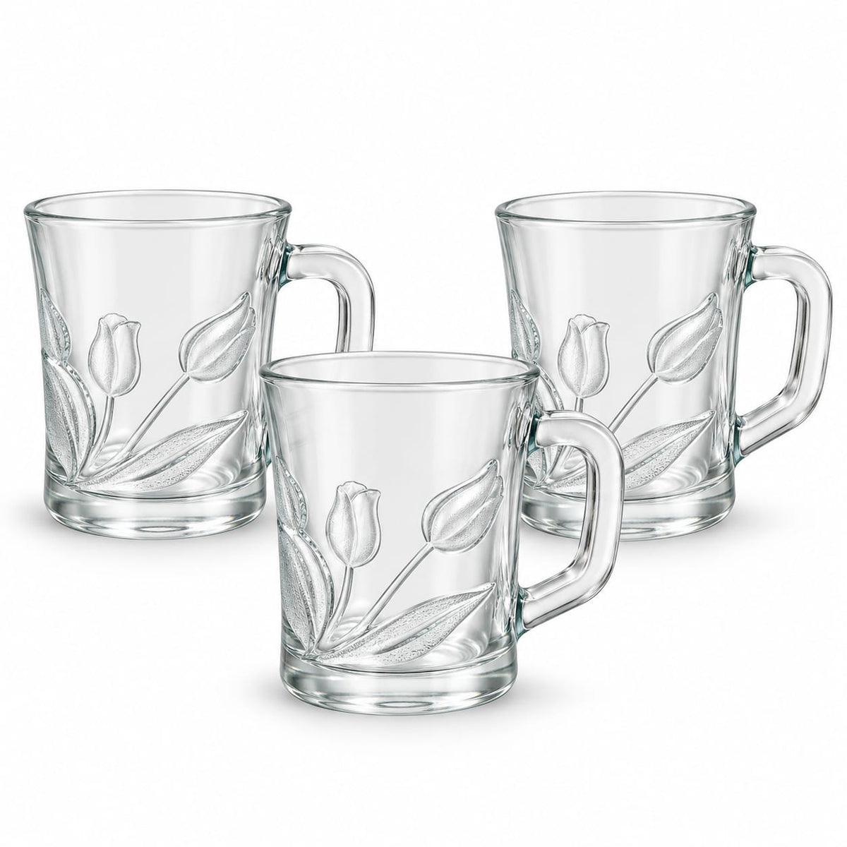 Set 3 cani din sticla King Polo, cu maner si model lalele