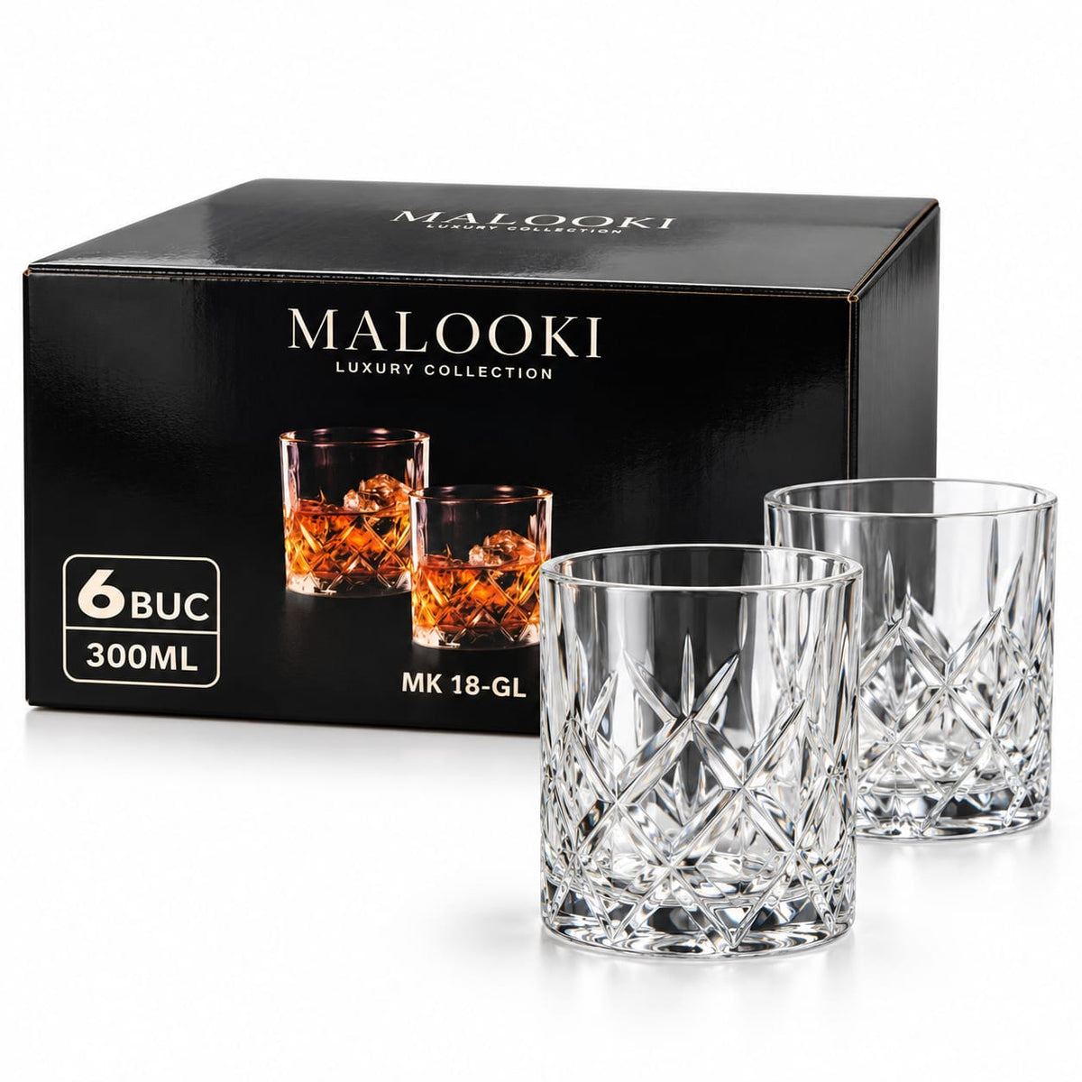 Set 6 pahare whisky din sticla Malooki, 300 ml, MK 18-GL