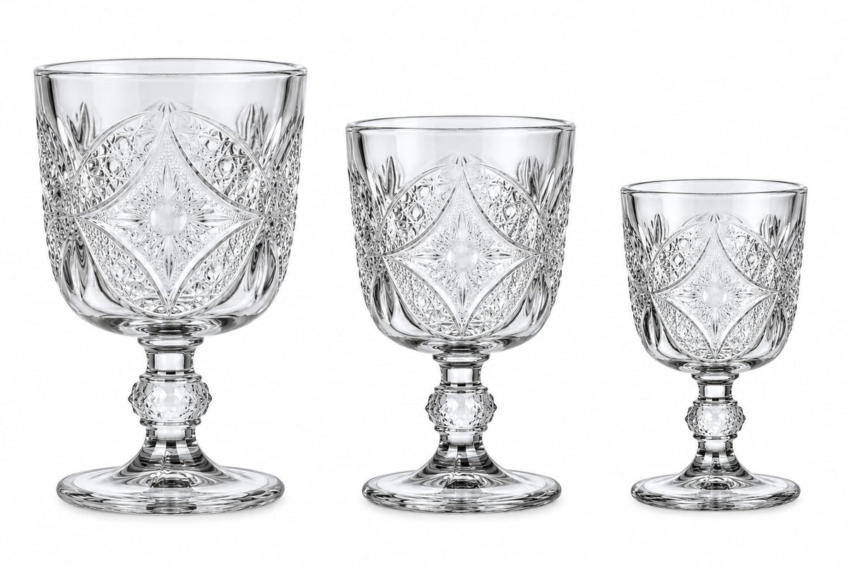 Set 12 pahare cu picior din sticla Gold Glass, 3 dimensiuni