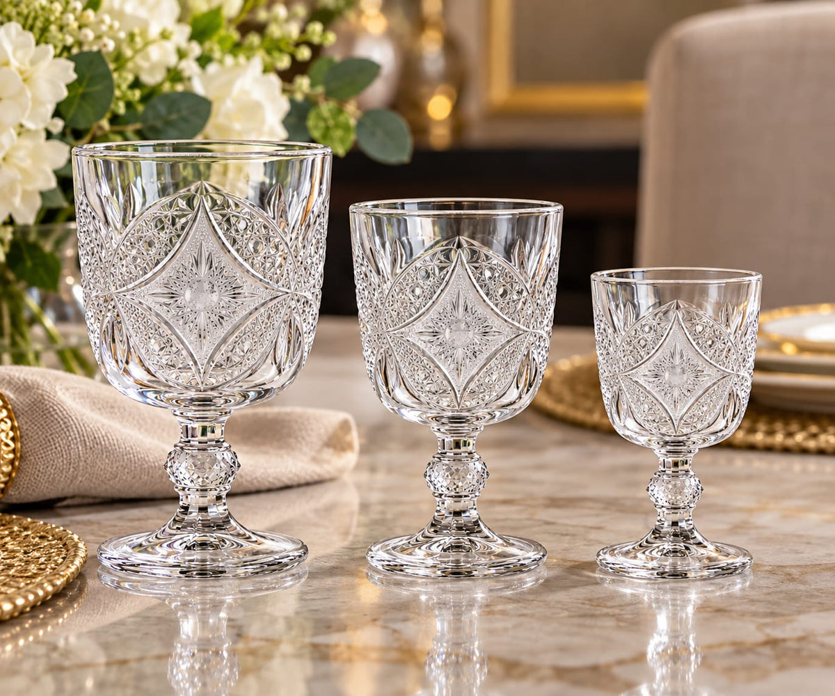 Set 12 pahare cu picior din sticla Gold Glass, 3 dimensiuni