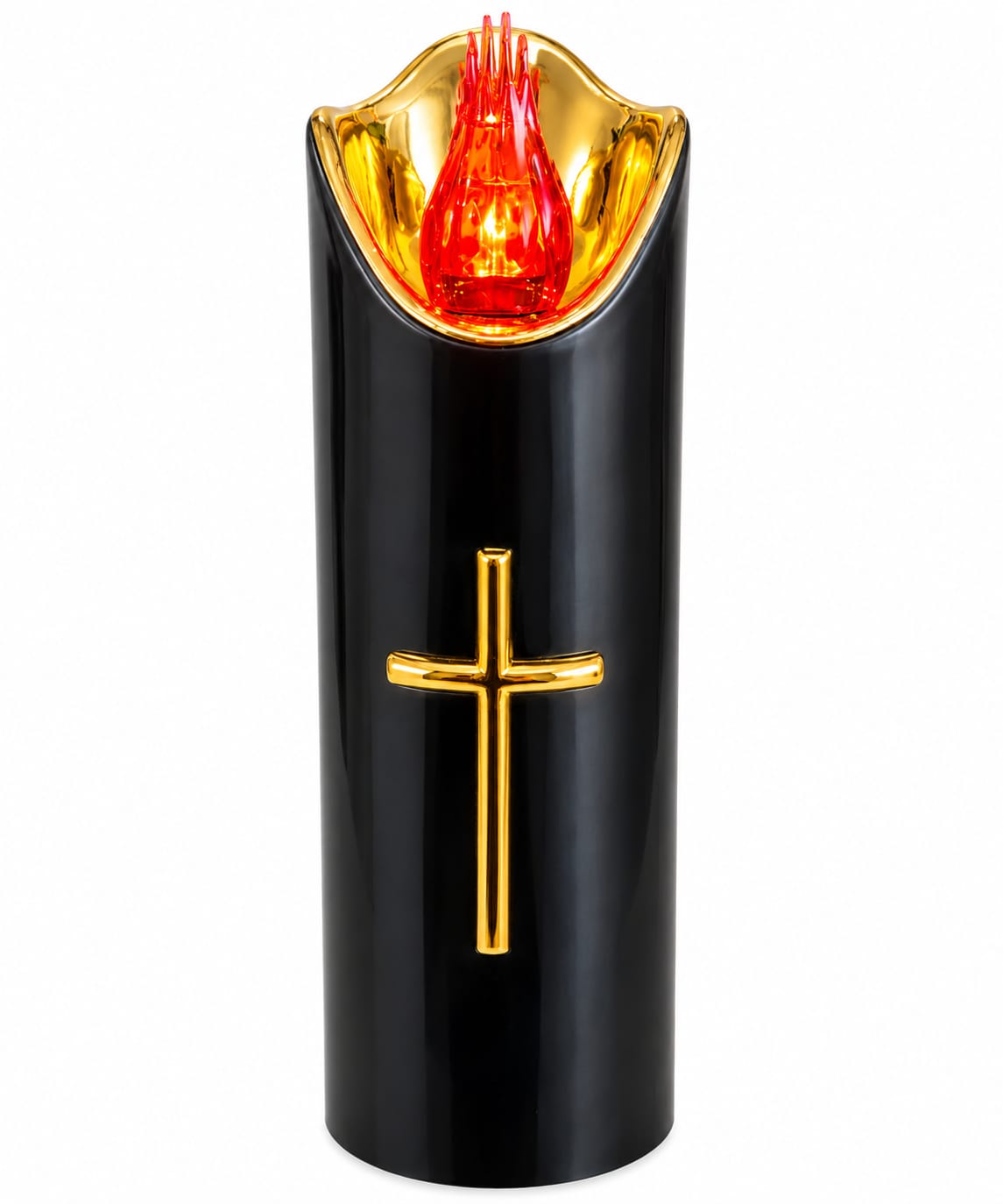Candela LED Cortina cu baterii, neagra, cu cruce aurie si flacara rosie