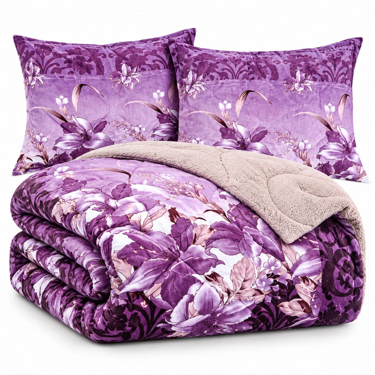 Set pilota matlasata 200x230 cm cu 2 fete de perna, model floral mov