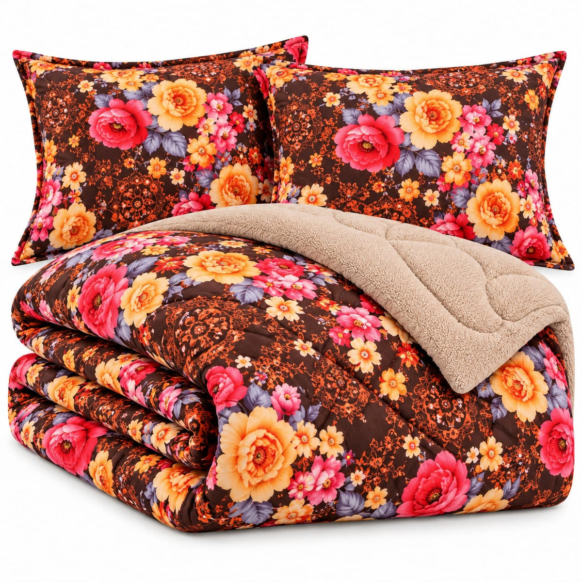 Set pilota matlasata 200x230 cm cu 2 fete de perna, model floral maro