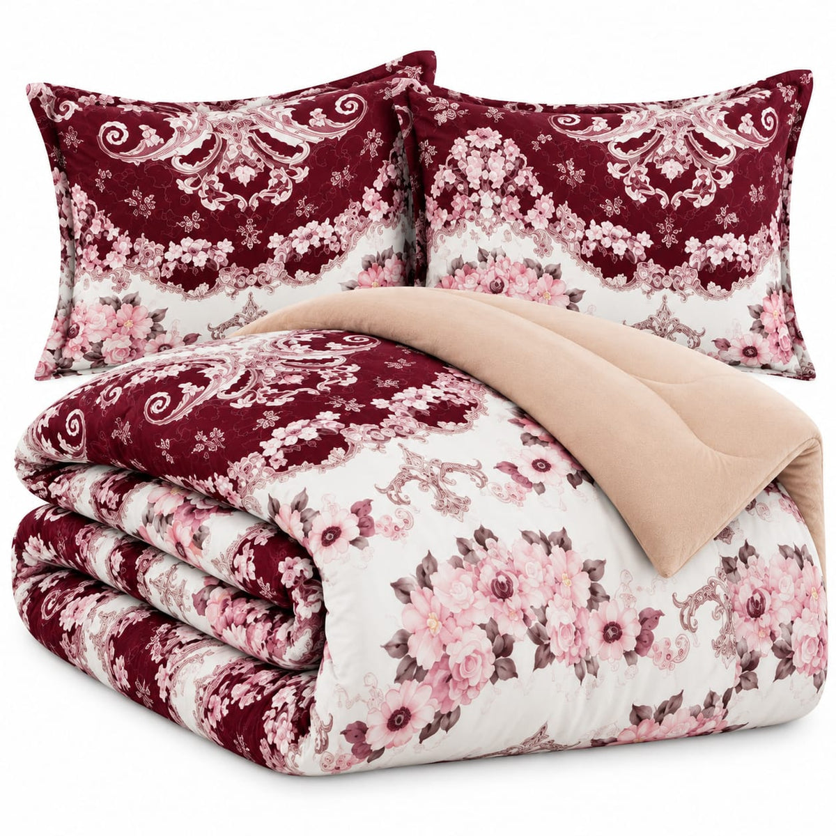 Set pilota matlasata 200x230 cm cu 2 fete de perna, model floral bordo