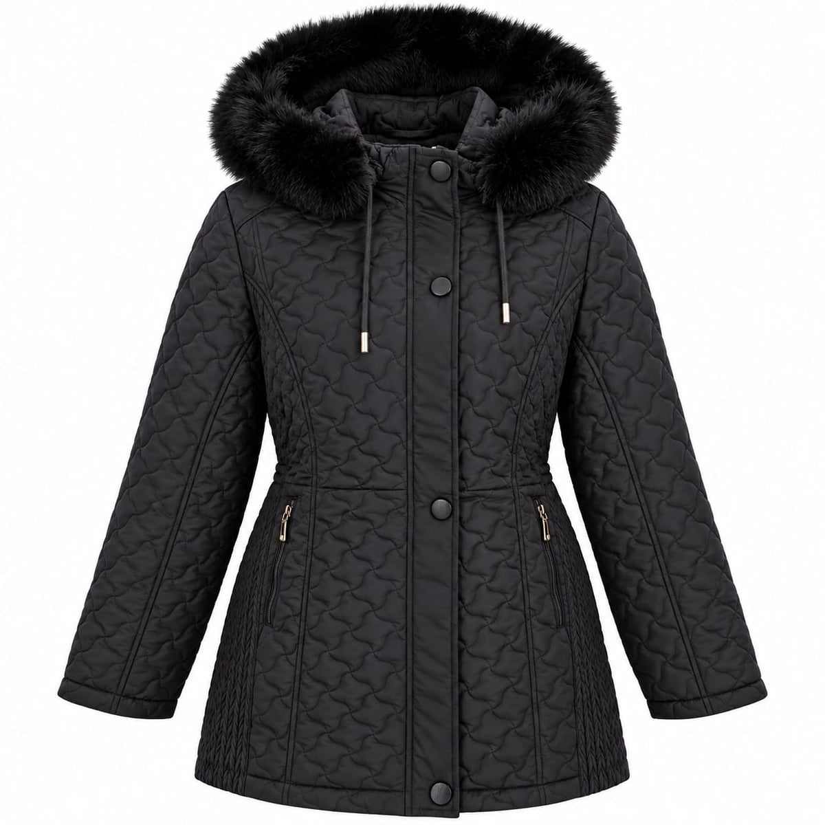 Geaca dama de iarna neagra, matlasata, cu gluga, 4XL-8XL