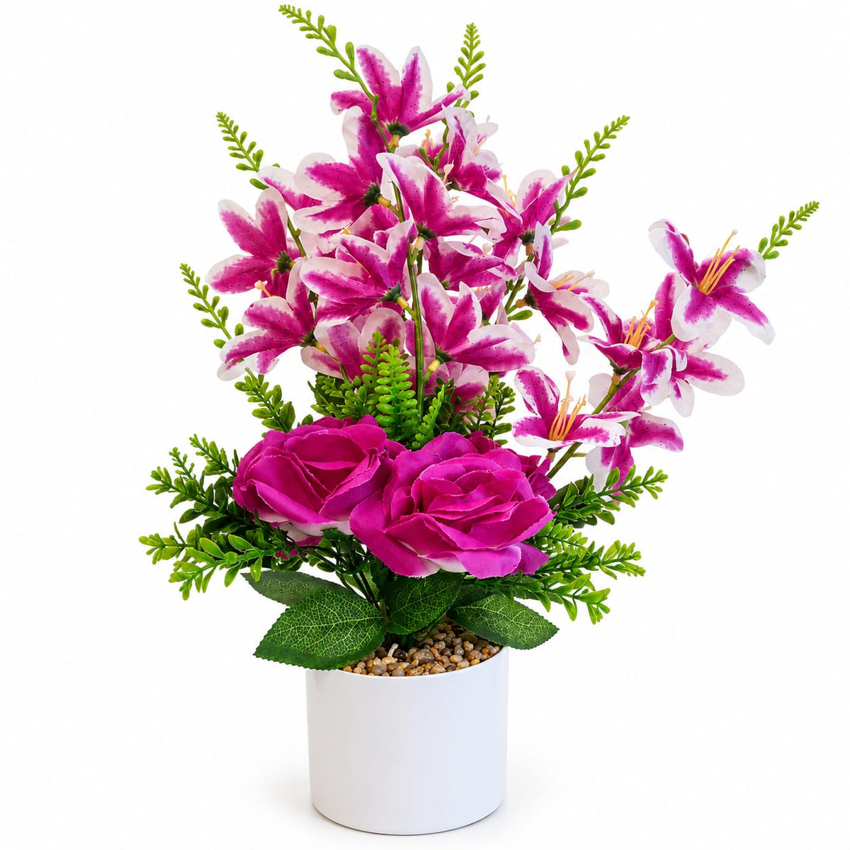 Aranjament flori artificiale in ghiveci alb, roz fucsia