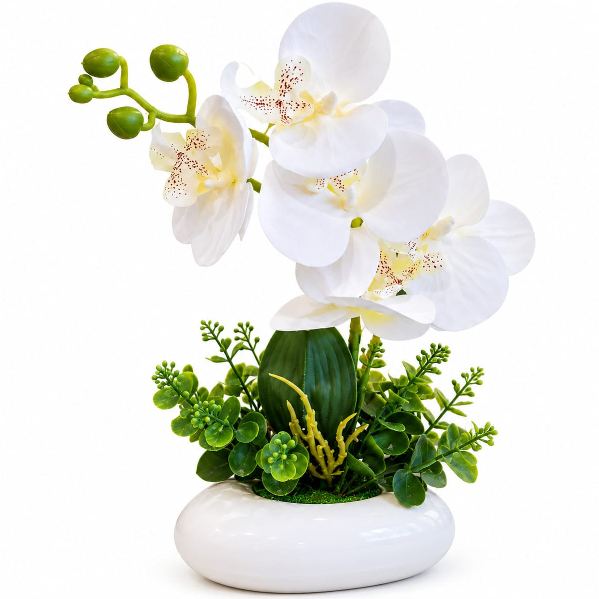 Orhidee artificiala alba in ghiveci decorativ alb