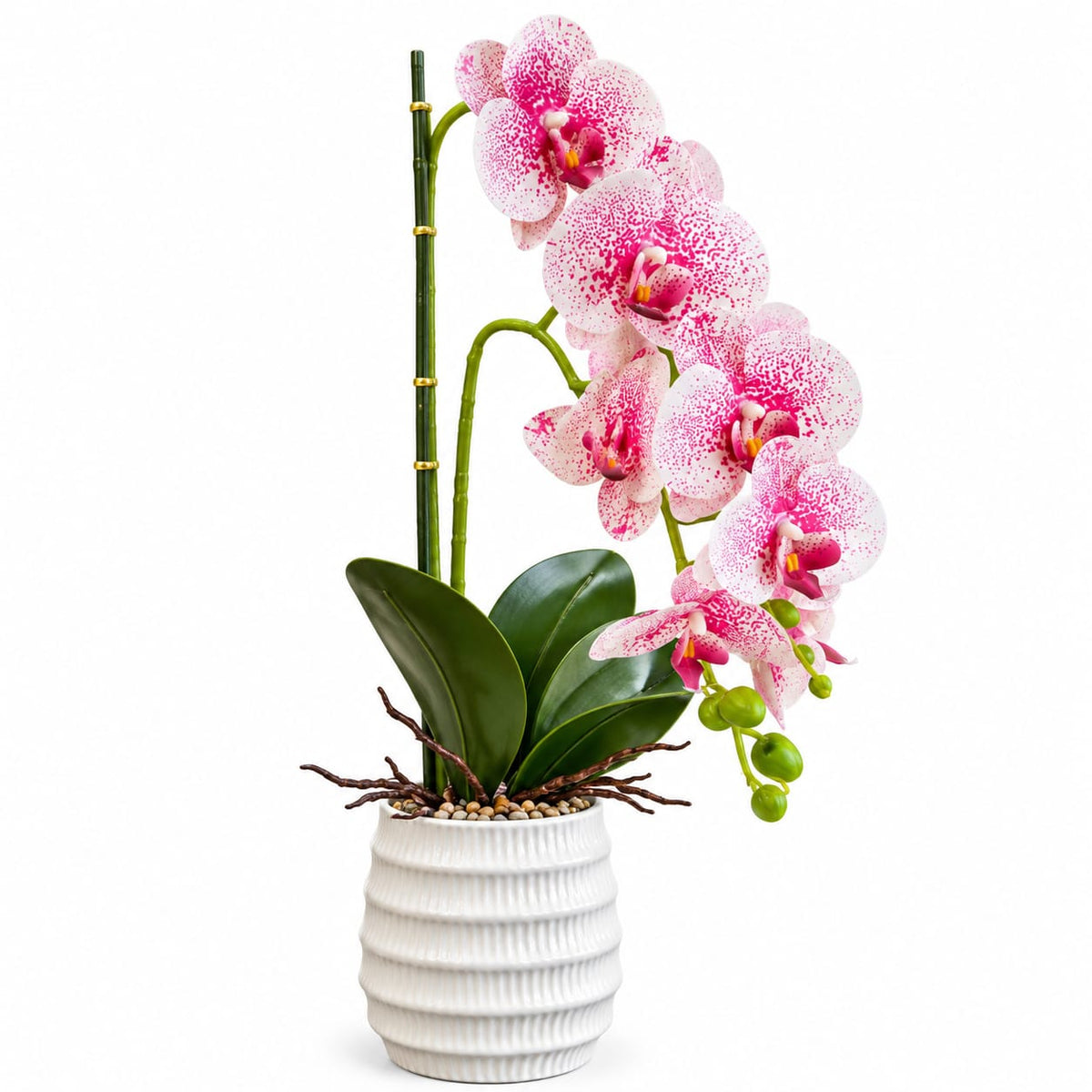 Orhidee artificiala roz cu alb in ghiveci ceramic, 62 cm