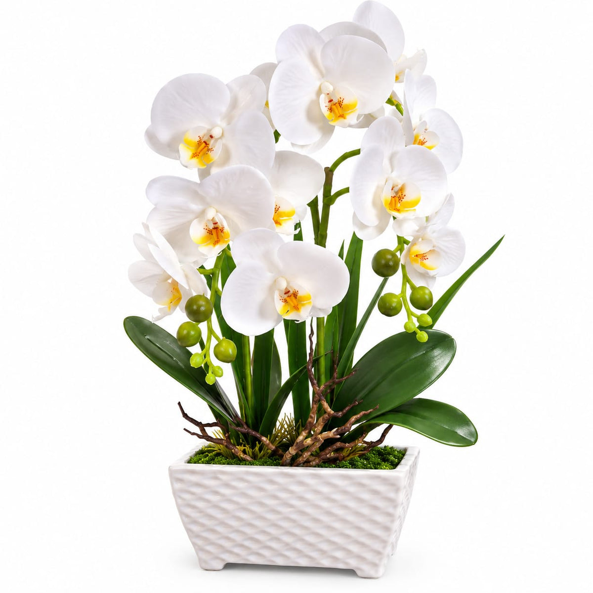 Orhidee artificiale albe in ghiveci ceramic, 45 cm