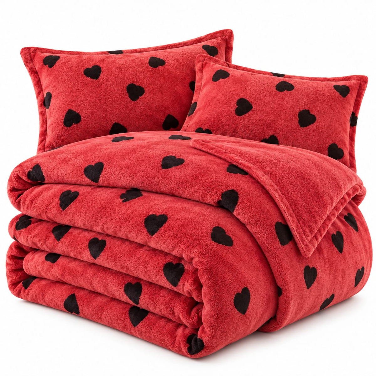 Lenjerie Cocolino SkyHome, 4 piese, 200 x 230 cm, rosie cu inimi negre