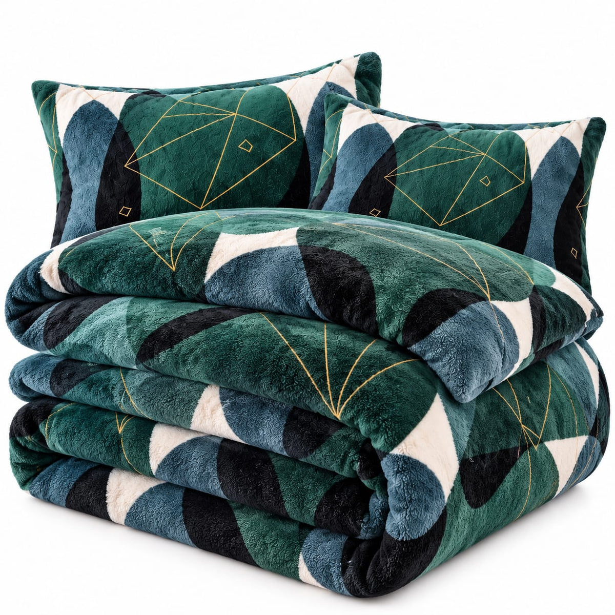 Lenjerie Cocolino SkyHome verde, 4 piese, 200 x 230 cm, model geometric