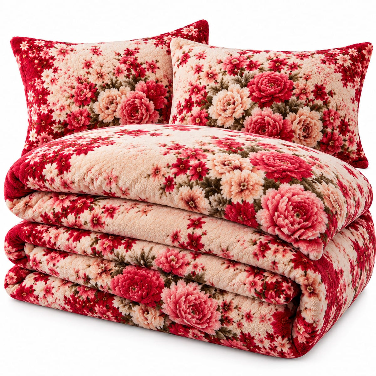 Lenjerie Cocolino SkyHome, 4 piese, 200 x 230 cm, flori roz si rosii