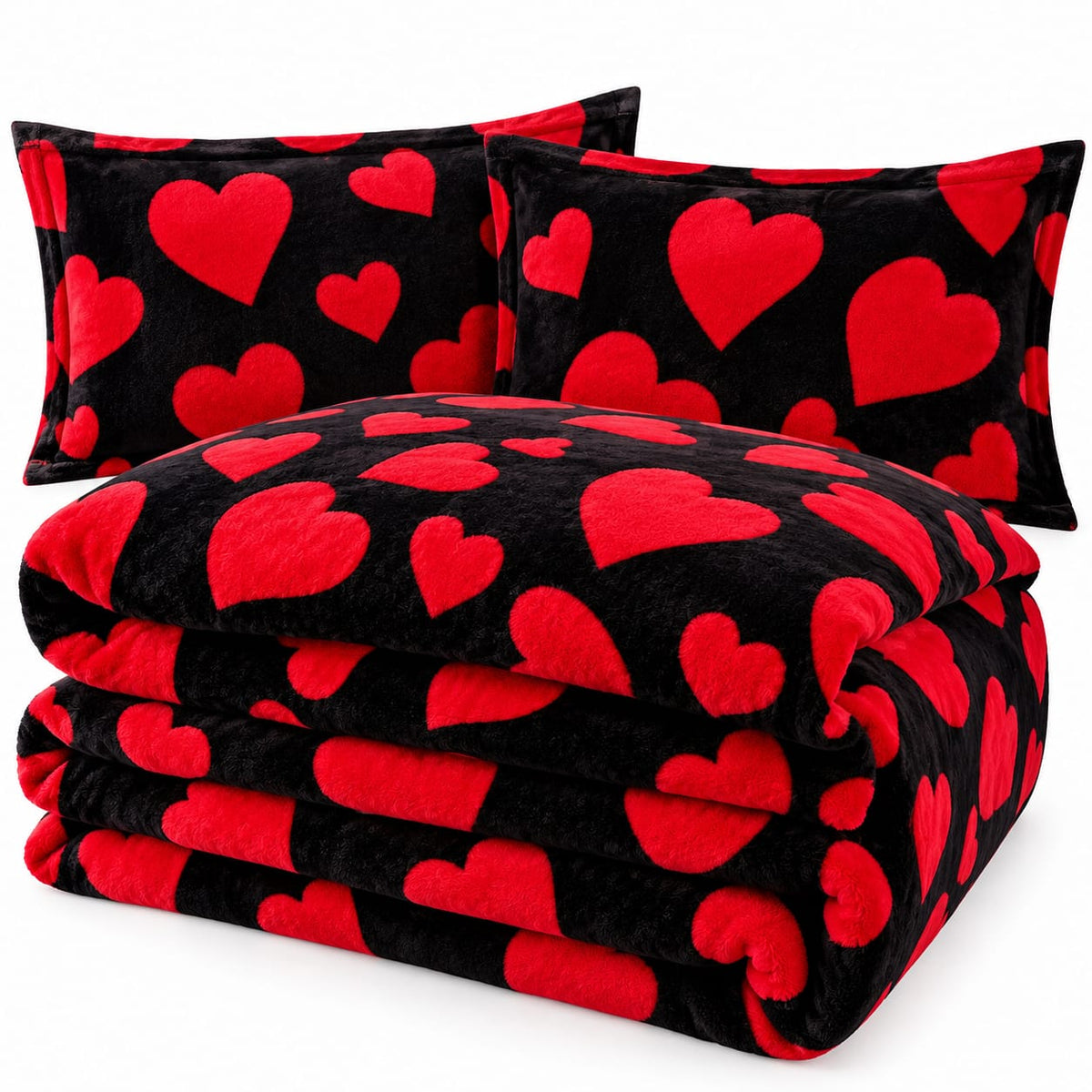 Lenjerie Cocolino SkyHome, 4 piese, 200 x 230 cm, neagra cu inimi rosii