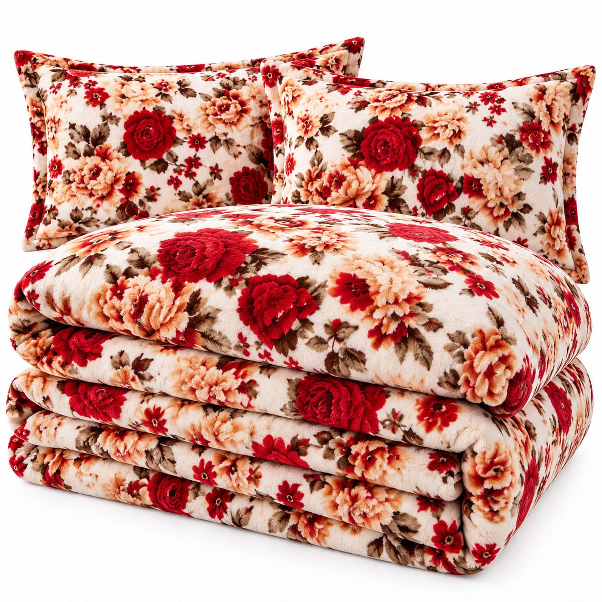 Lenjerie Cocolino SkyHome, 4 piese, 200 x 230 cm, crem cu flori rosii