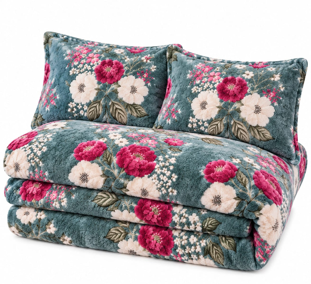 Lenjerie Cocolino SkyHome, 4 piese, 200 x 230 cm, verde petrol cu flori