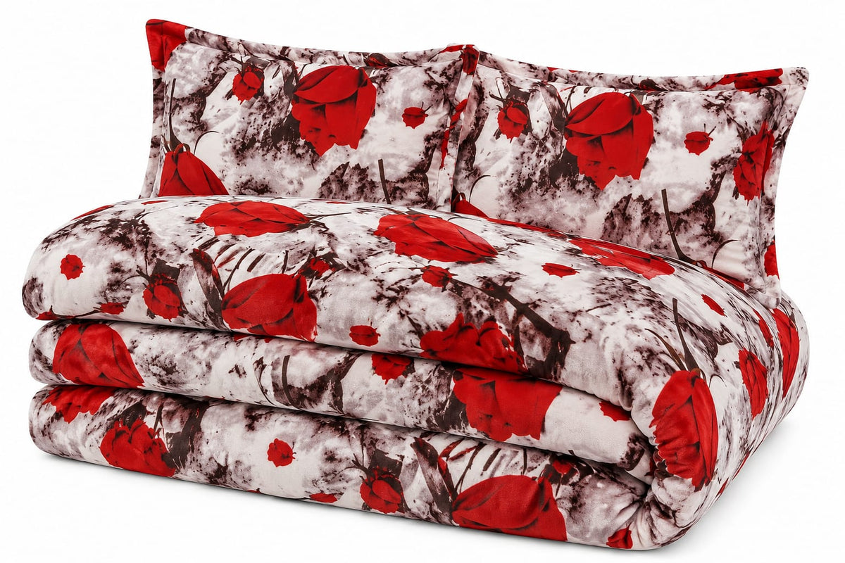 Lenjerie Cocolino SkyHome, 4 piese, 200 x 230 cm, trandafiri rosii pe gri
