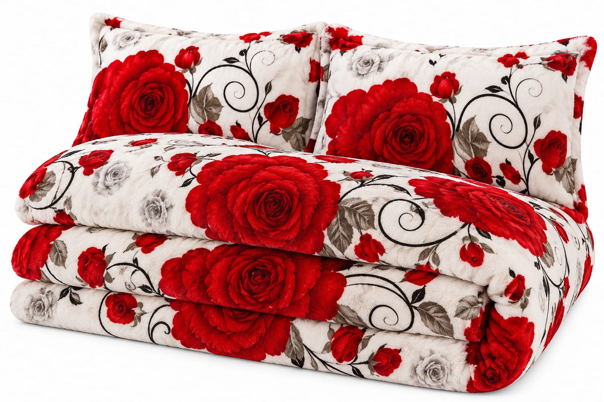 Lenjerie Cocolino SkyHome, 4 piese, 200 x 230 cm, trandafiri rosii
