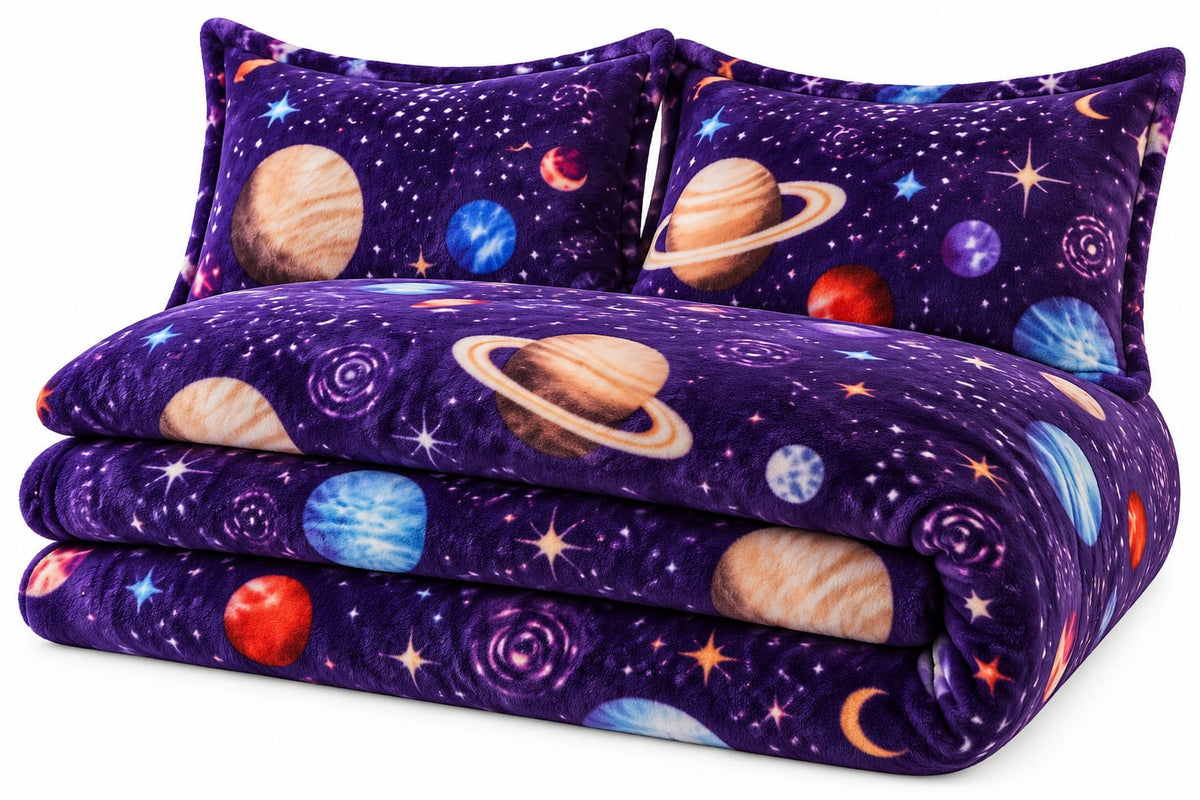 Lenjerie Cocolino SkyHome, 4 piese, 200 x 230 cm, mov cu planete