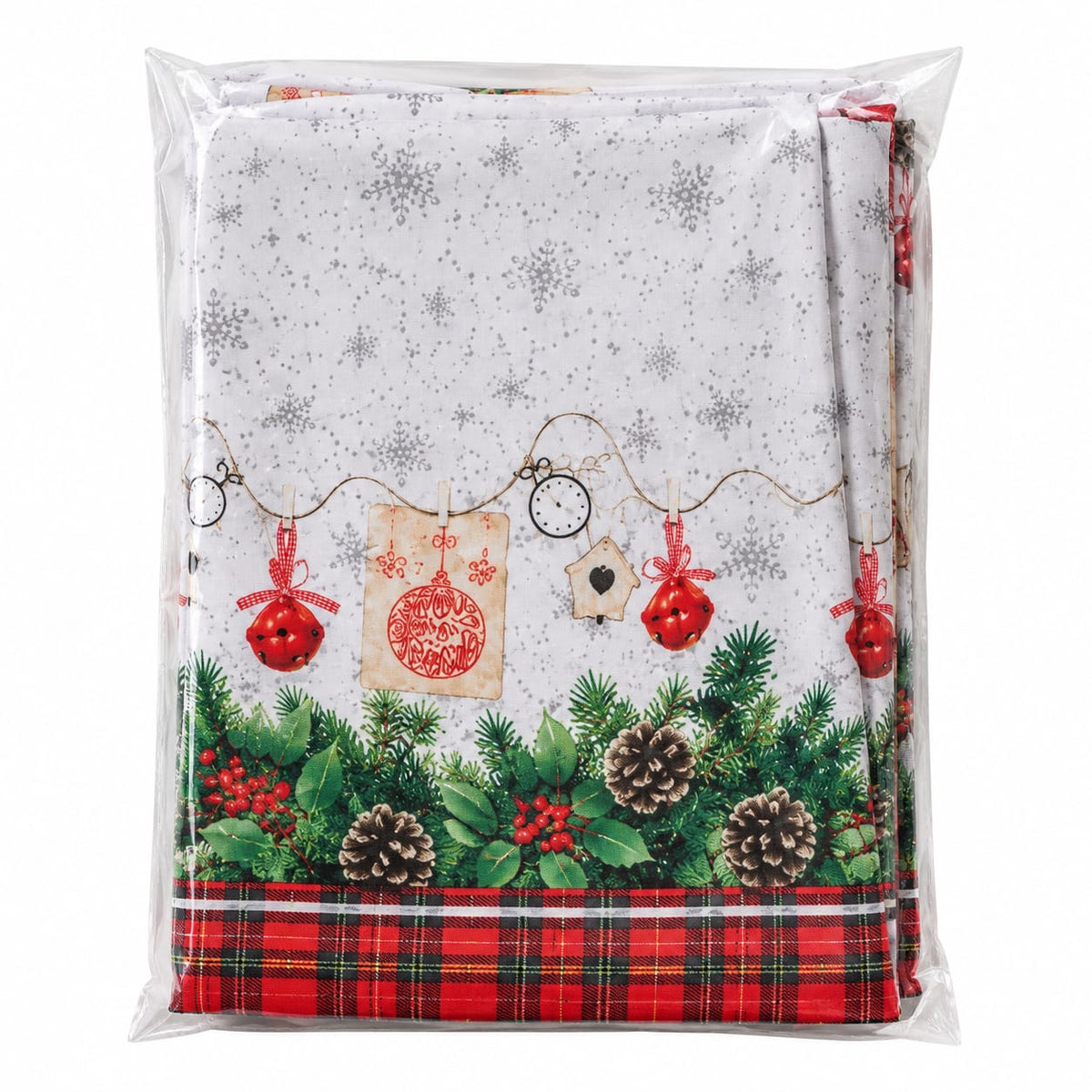 Fata de masa Craciun 150x220 cm, model festiv cu fulgi si decoratiuni