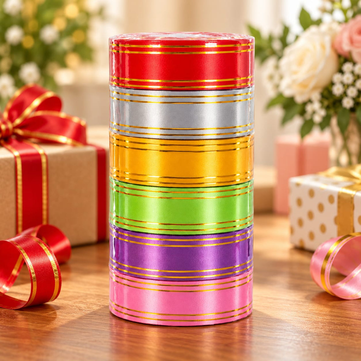 Set 6 role panglica decorativa pentru cadouri, multicolor cu margini aurii