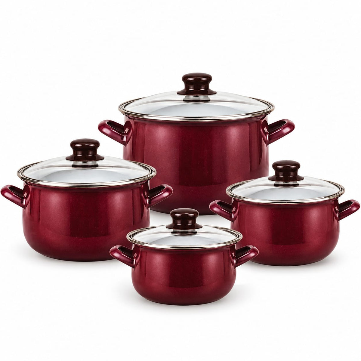 Set 4 cratite emailate VEF cu capace din sticla, visiniu, 1.7-4.5 L