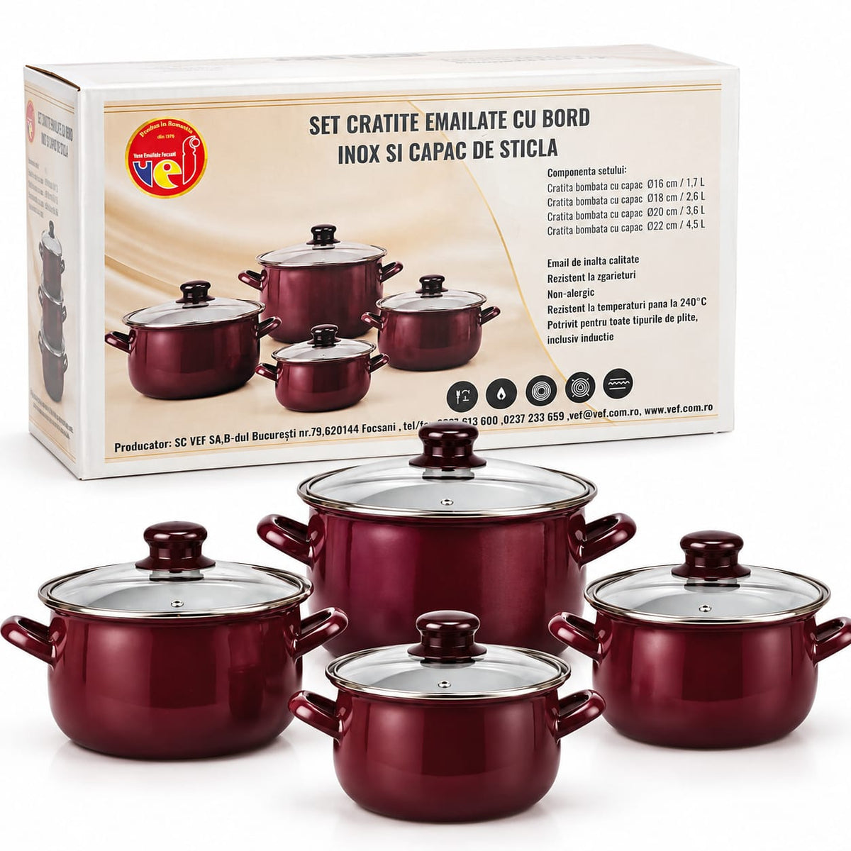 Set 4 cratite emailate VEF cu capace din sticla, visiniu, 1.7-4.5 L