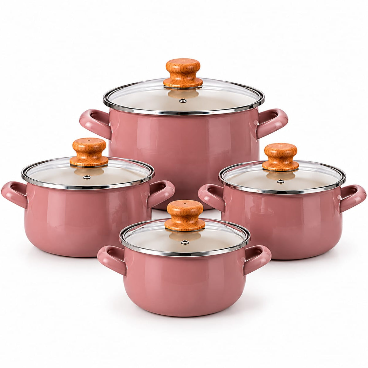 Set 4 cratite emailate VEF cu capace din sticla, cafe latte, 1.7-4.5 L