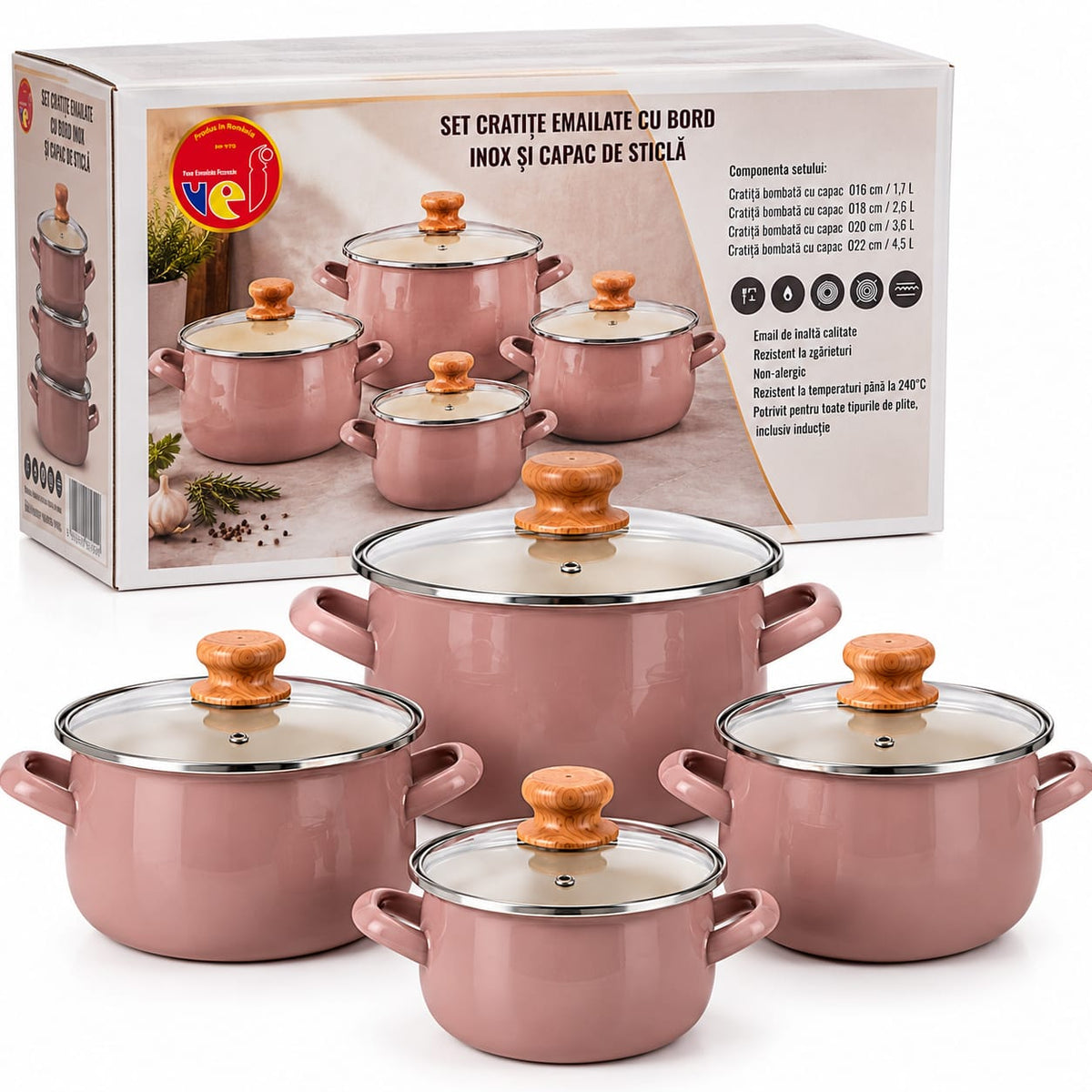 Set 4 cratite emailate VEF cu capace din sticla, cafe latte, 1.7-4.5 L
