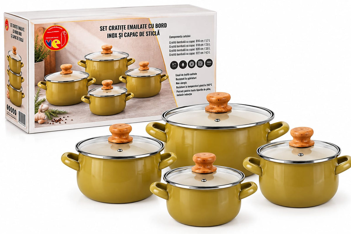 Set 4 cratite emailate VEF cu capace din sticla, olive, 1.7-4.5 L