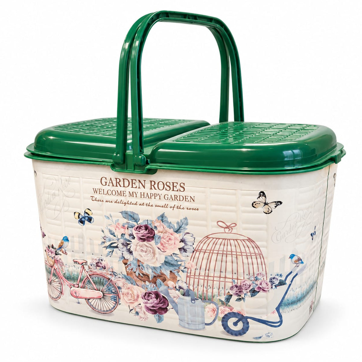 Cos picnic din plastic cu capac dublu si manere, model floral verde
