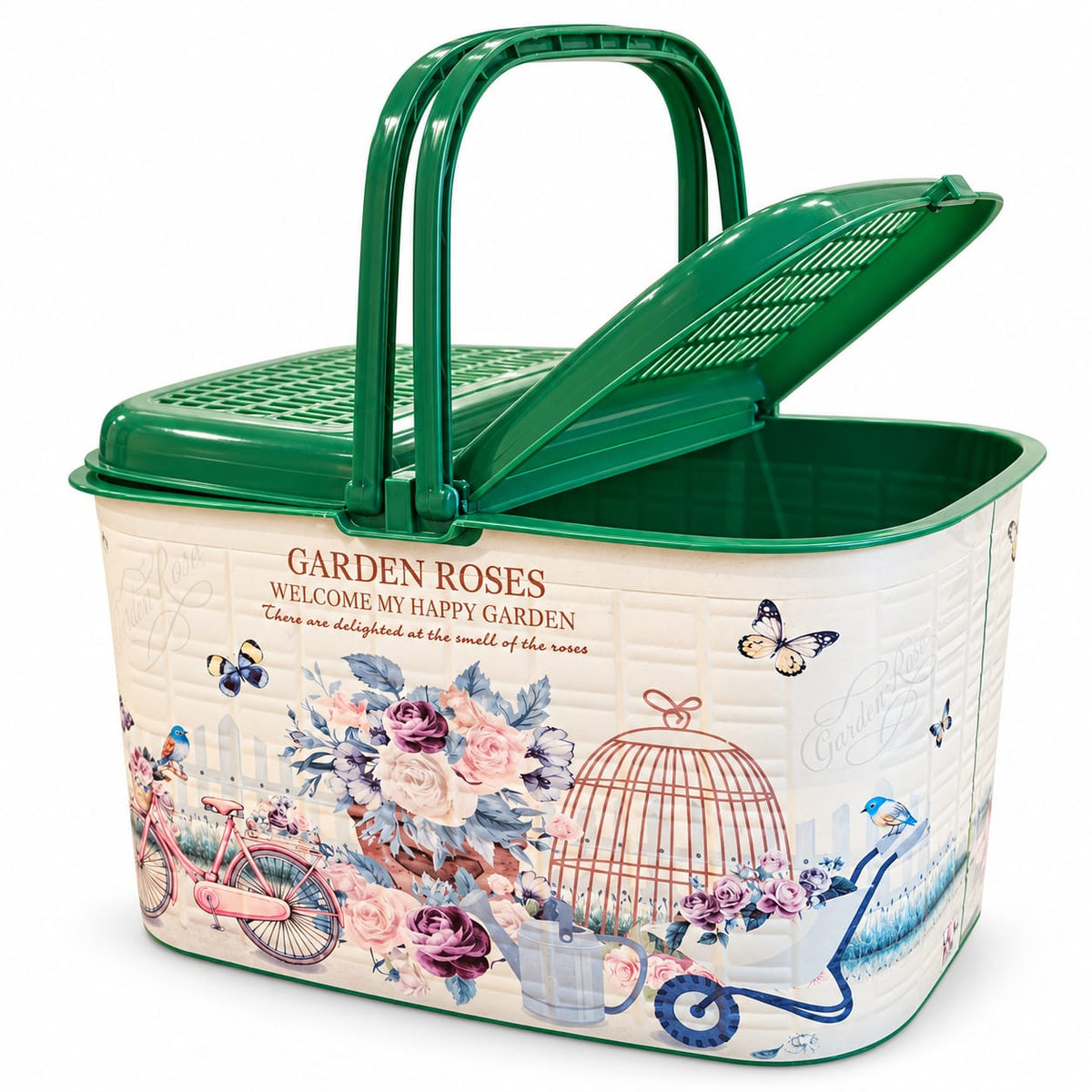 Cos picnic din plastic cu capac dublu si manere, model floral verde