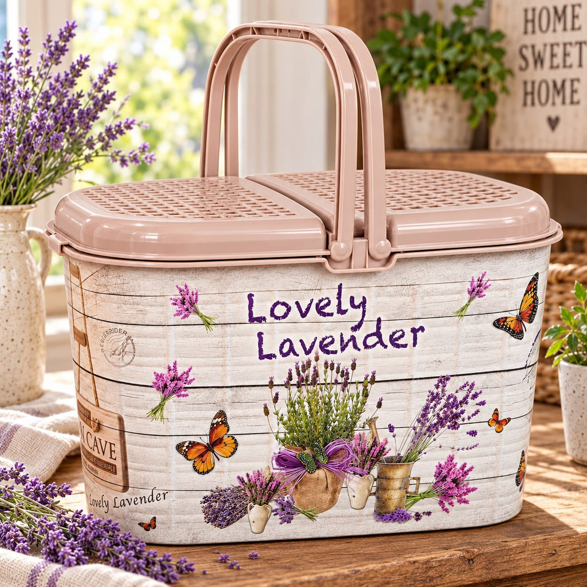 Cos picnic din plastic cu capac dublu si manere, model lavanda