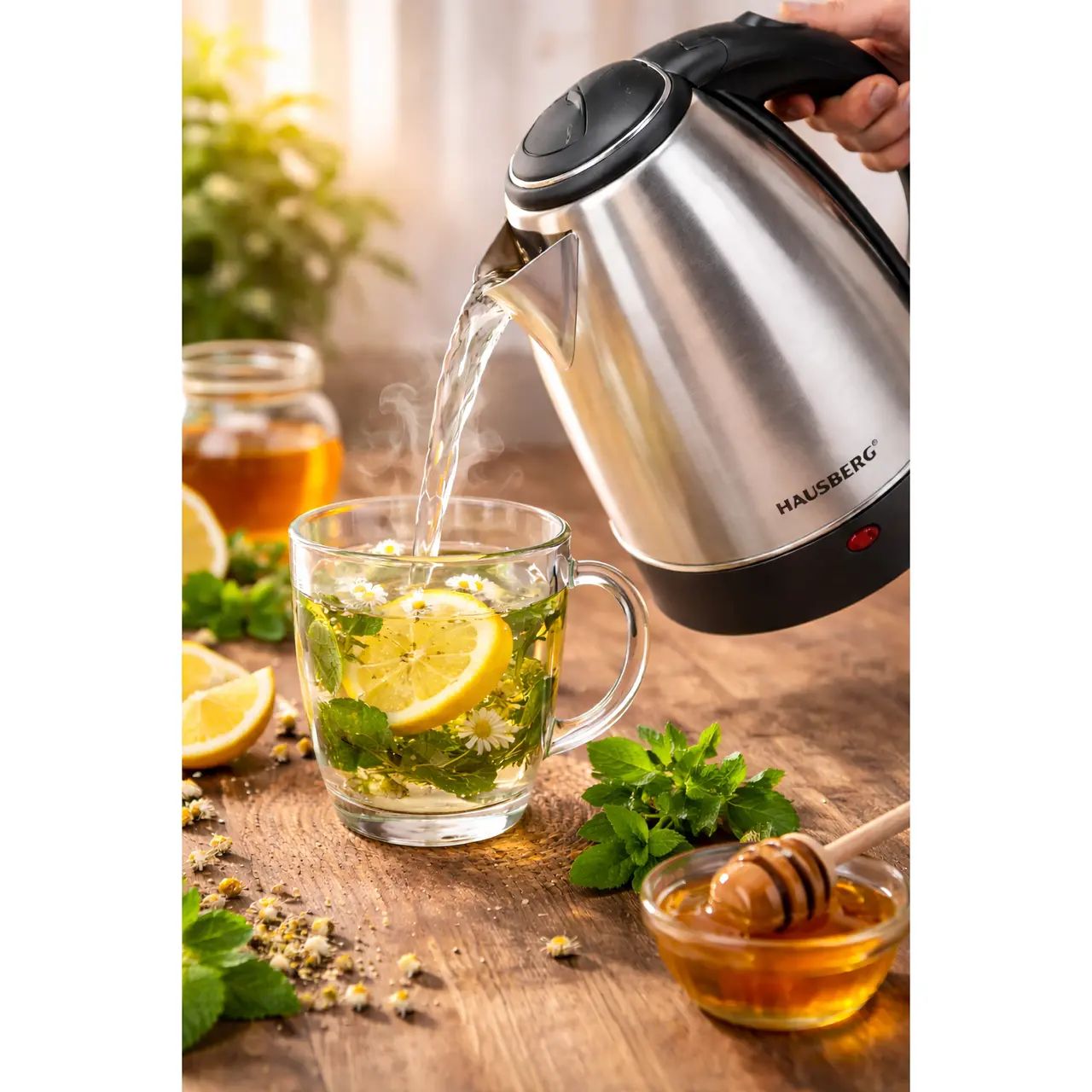 Cana fierbator, inox, Hausberg HB-3615, 1500 W, 1.8 litri, suport rotativ, sistem de protectie