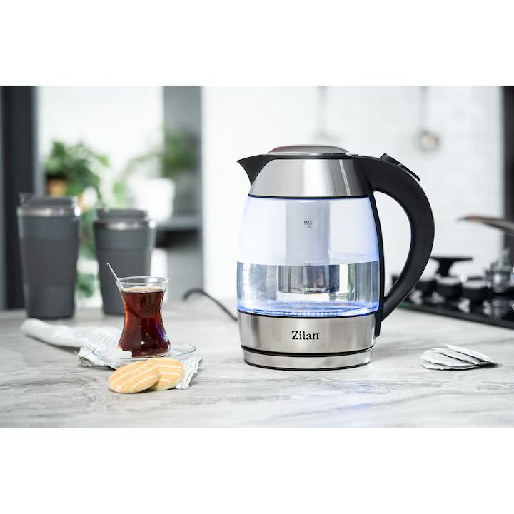 Fierbator Electric Zilan ZLN-8948 – 1.8L, 2200W, cu Filtru pentru Ceai, Corp din Sticla Termorezistenta, Iluminare LED