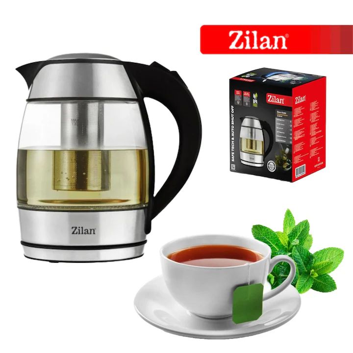 Fierbator Electric Zilan ZLN-8948 – 1.8L, 2200W, cu Filtru pentru Ceai, Corp din Sticla Termorezistenta, Iluminare LED
