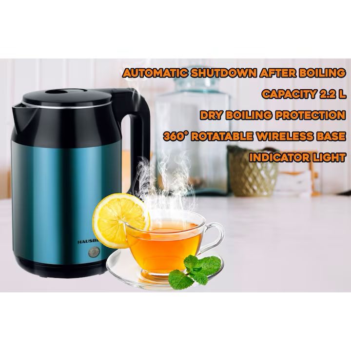 Fierbător electric Hausberg HB 3623 BL, 2.2L, 1800W, oprire automată, bază 360°