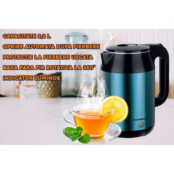 Fierbător electric Hausberg HB 3623 BL, 2.2L, 1800W, oprire automată, bază 360°