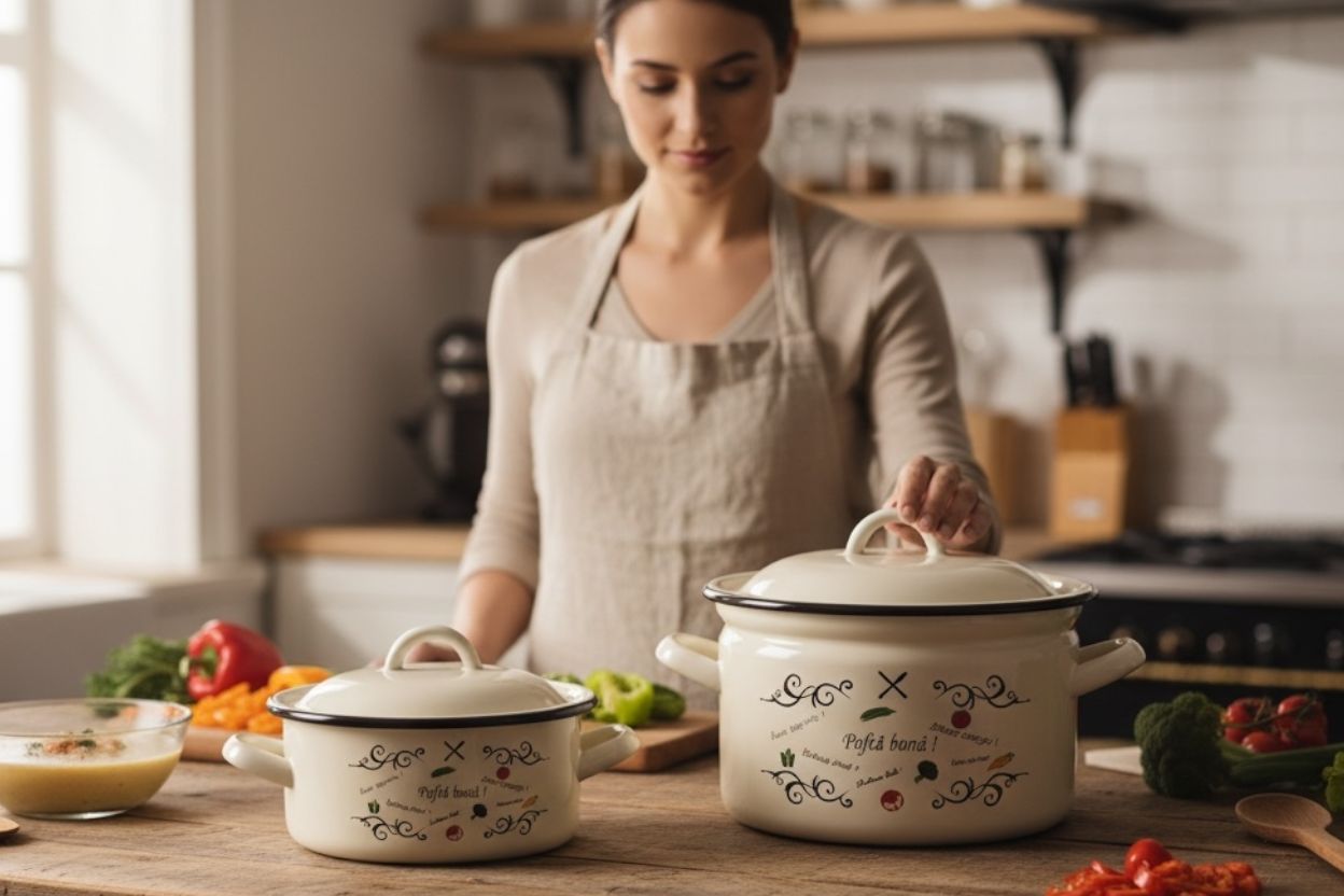 Set 2 vase emailate, cu capace, cratita 2 litri si oala 3.5 litri