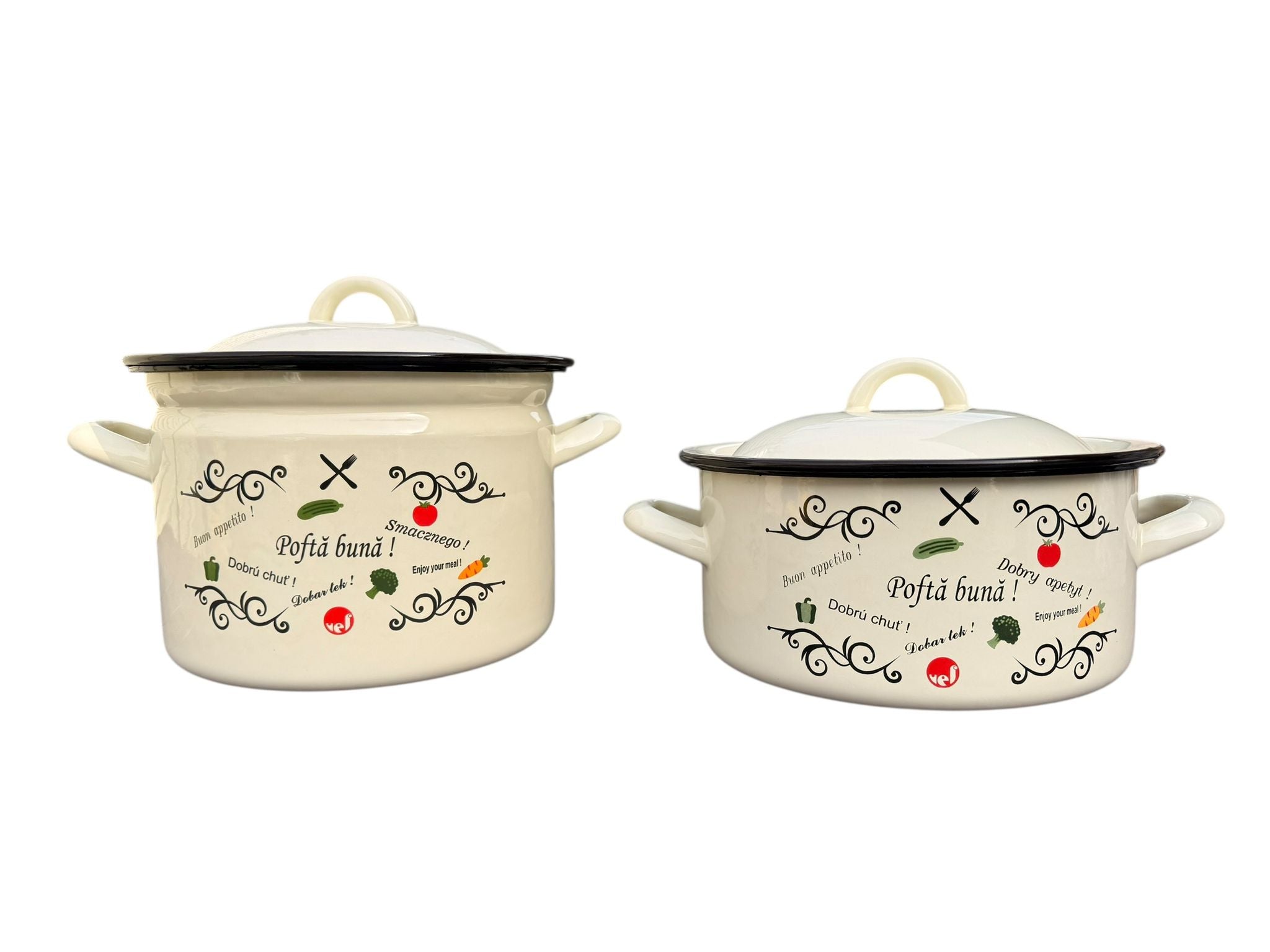 Set 2 vase emailate decor Pofta buna cu capace cratita 3 litri si oala 5 litri