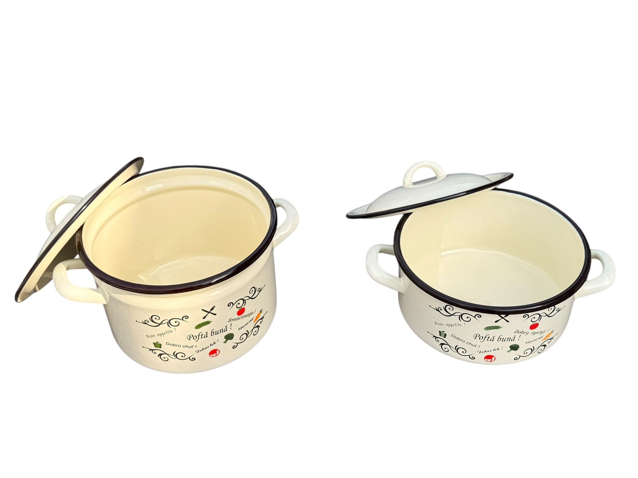 Set 2 vase emailate decor Pofta buna cu capace cratita 3 litri si oala 5 litri