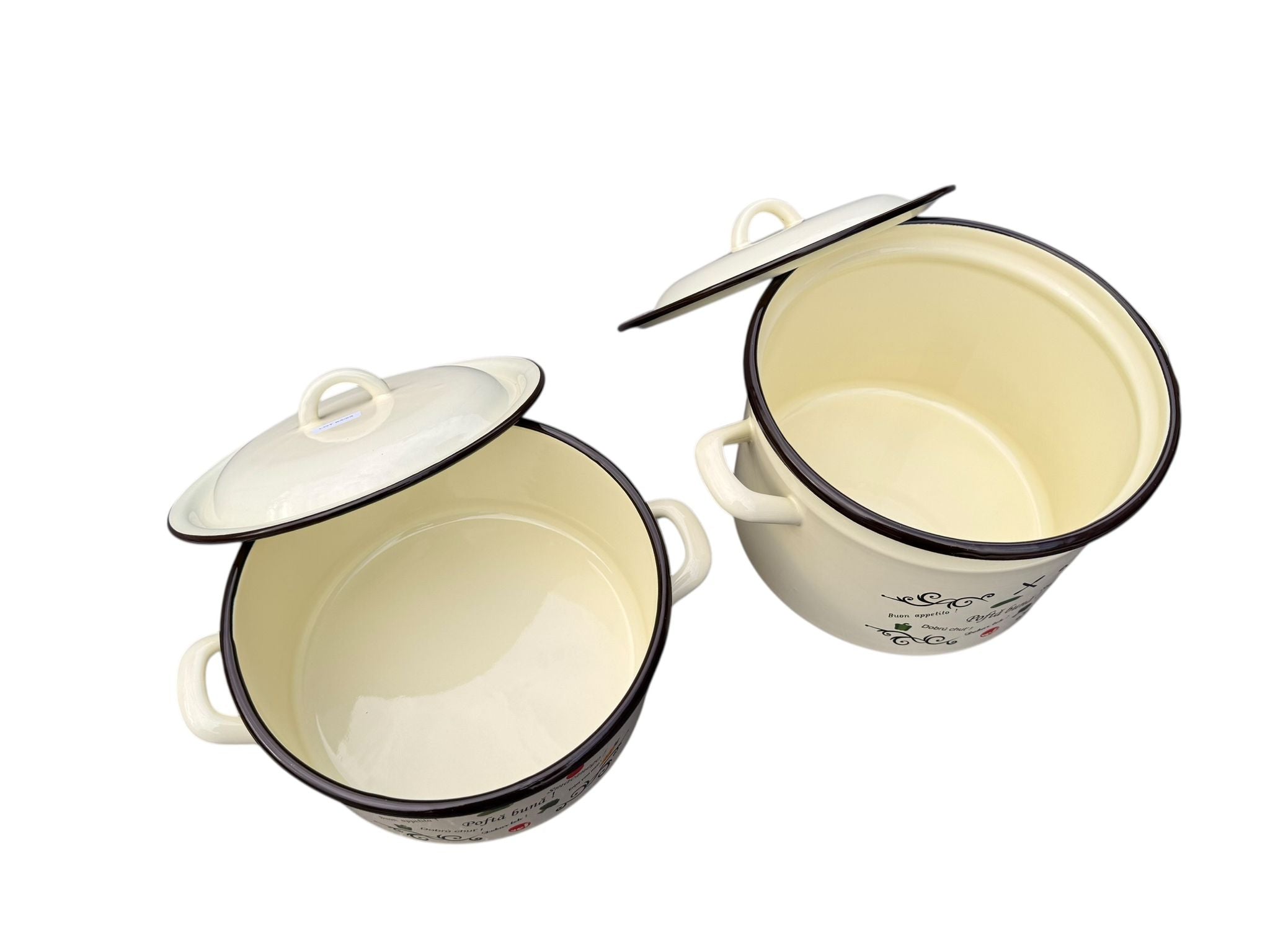 Set oala si cratita emailate cu capace 2 piese 6 L si 4 L 22 cm decor Pofta buna crem