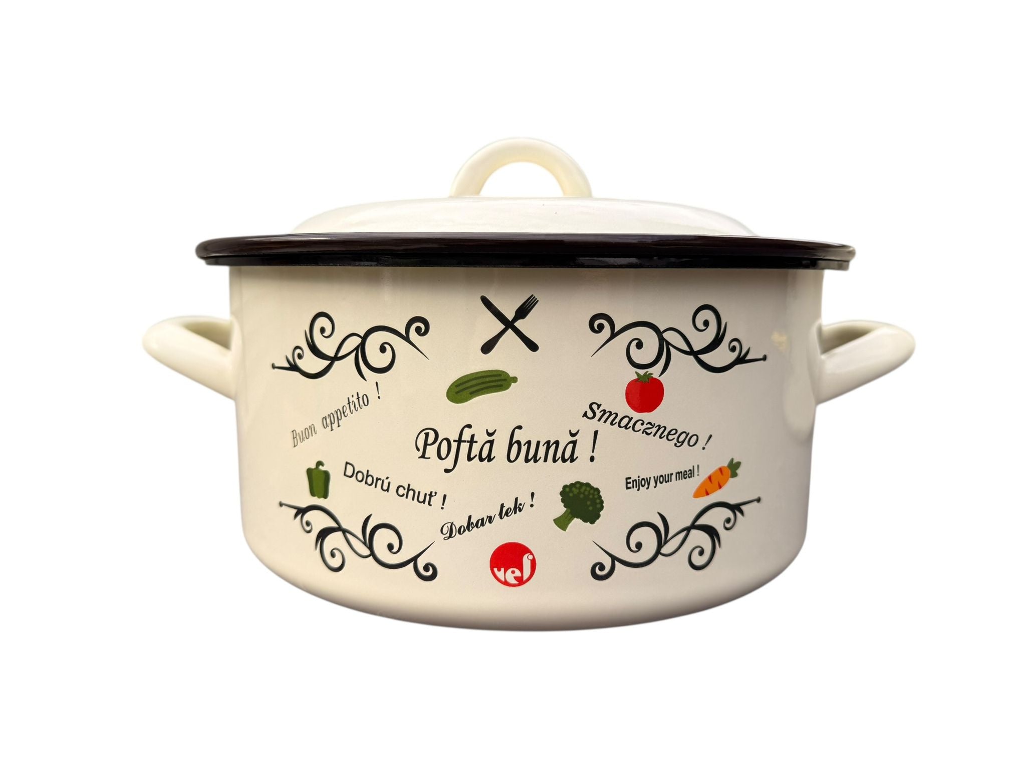 Set oala si cratita emailate cu capace 2 piese 6 L si 4 L 22 cm decor Pofta buna crem